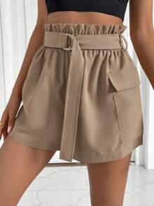SHEIN Essnce Paperbag Waist Flap Pocket Belted Cargo Shorts - Khaki - View 3