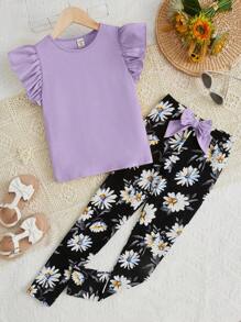 SHEIN 女大童荷葉邊T恤&印花前蝴蝶結長褲 - 紫丁香色 - 查看 1