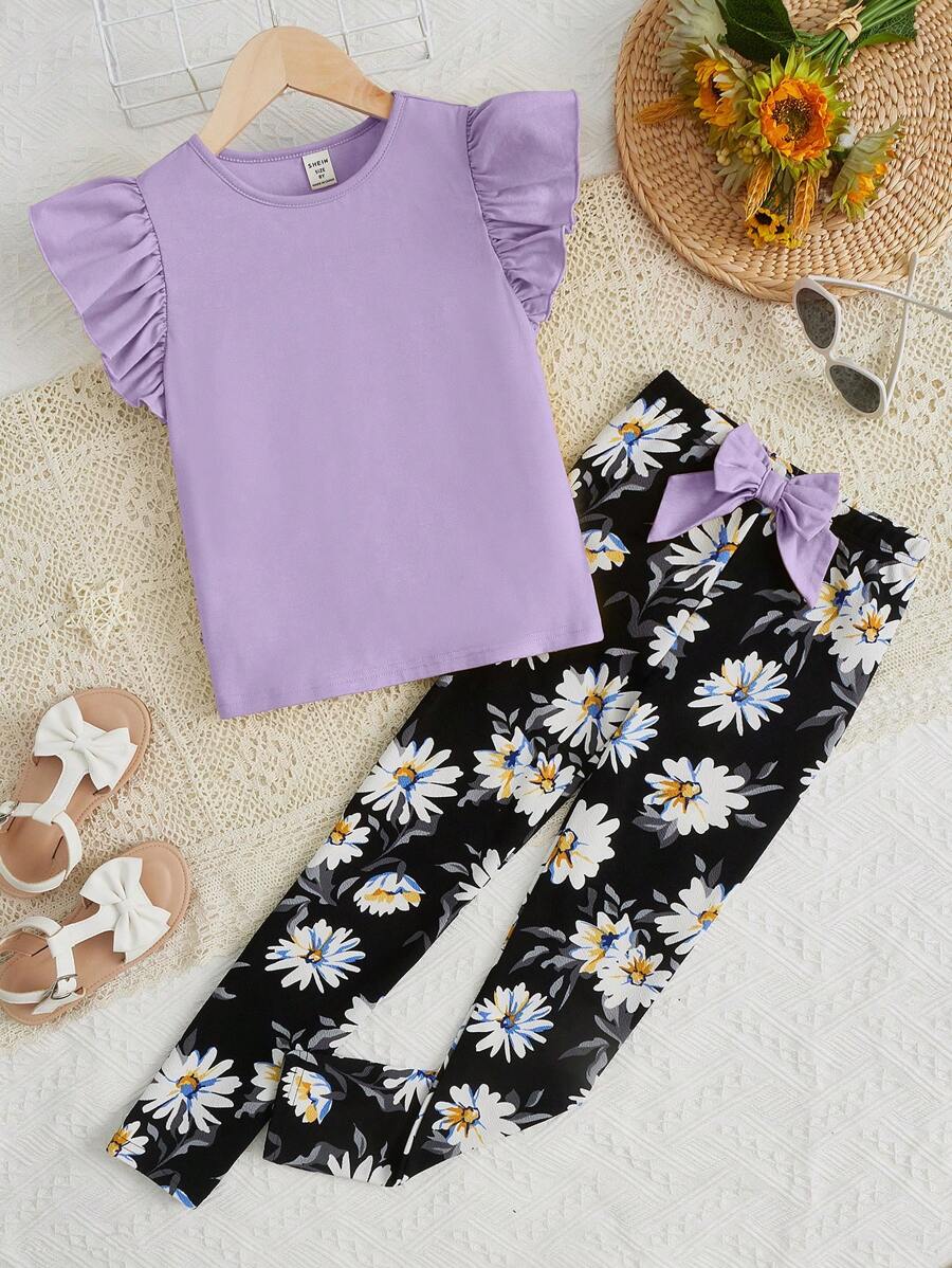 SHEIN 女大童荷葉邊T恤&印花前蝴蝶結長褲 - 紫丁香色 - 查看 1