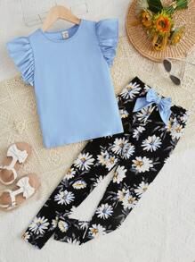 SHEIN 女大童荷葉邊T恤&印花前蝴蝶結長褲 - 淺藍色 - 查看 1