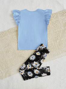 SHEIN 女大童荷葉邊T恤&印花前蝴蝶結長褲 - 淺藍色 - 查看 2