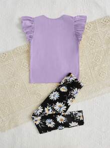 SHEIN 女大童荷葉邊T恤&印花前蝴蝶結長褲 - 紫丁香色 - 查看 2