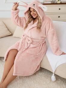 Plus 3D Ear Design Hooded Belted Flannel Robe - Pink - View 1