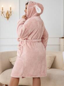 Plus 3D Ear Design Hooded Belted Flannel Robe - Pink - View 2