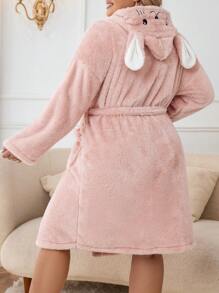 Plus 3D Ear Design Hooded Belted Flannel Robe - Pink - View 3