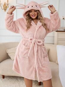 Plus 3D Ear Design Hooded Belted Flannel Robe - Pink - View 4