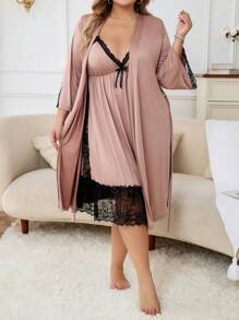 Plus Contrast Lace Belted Robe & Cami Nightdress, Fall & Winter Clothes, Cozy Outfit