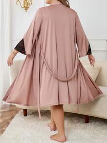 Plus Contrast Lace Belted Robe & Cami Nightdress, Fall & Winter Clothes, Cozy Outfit
