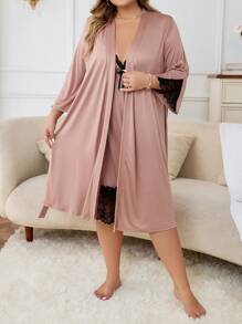 Plus Contrast Lace Belted Robe & Cami Nightdress, Fall & Winter Clothes, Cozy Outfit