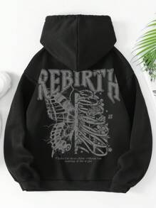 SHEIN EZwear Skeleton & Slogan Graphic Kangaroo Pocket Drawstring Thermal Hoodie - Black - View 1