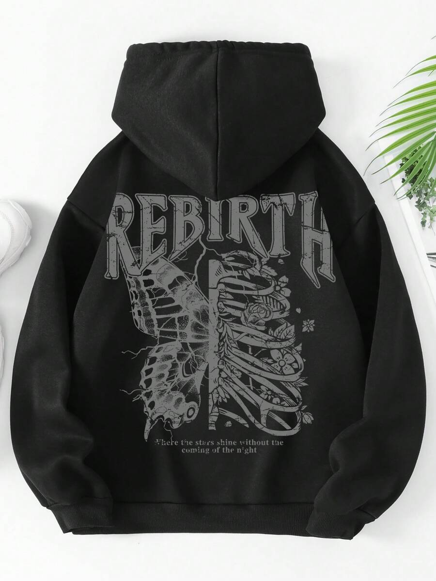 SHEIN EZwear Skeleton & Slogan Graphic Kangaroo Pocket Drawstring Thermal Hoodie - Black - View 1