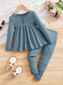 SHEIN Leap Crew Young Girl Waffle Knit Peplum Top & Trousers - Dusty Blue - View 5