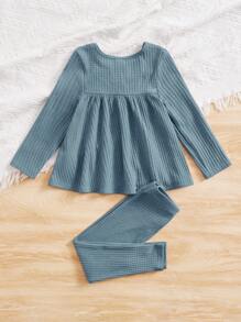 SHEIN Leap Crew Young Girl Waffle Knit Peplum Top & Trousers - Dusty Blue - View 2