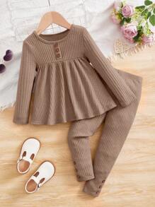 SHEIN Young Girl Waffle Knit Peplum Top & Leggings - Camel - View 1