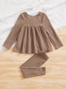 SHEIN Young Girl Waffle Knit Peplum Top & Leggings - Camel - View 2