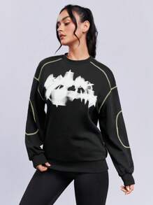 SHEINNeu 圖案印花頂針落肩袖運動衫 - 黑色 - 查看 1