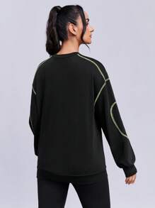 SHEINNeu 圖案印花頂針落肩袖運動衫 - 黑色 - 查看 2