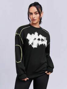 SHEINNeu 圖案印花頂針落肩袖運動衫 - 黑色 - 查看 5