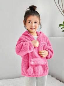 SHEIN Little Byeori 女小童字母刺繡翻蓋口袋落肩袖毛絨帽衫 - 玫紅色 - 查看 3