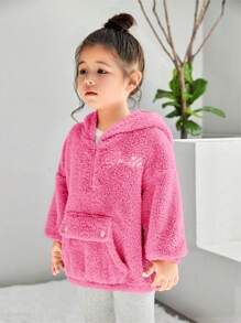 SHEIN Little Byeori 女小童字母刺繡翻蓋口袋落肩袖毛絨帽衫 - 玫紅色 - 查看 4