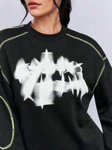 SHEINNeu 圖案印花頂針落肩袖運動衫 - 黑色 - 查看 4