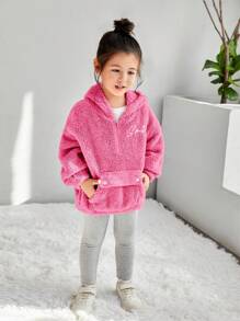 SHEIN Little Byeori 女小童字母刺繡翻蓋口袋落肩袖毛絨帽衫 - 玫紅色 - 查看 5