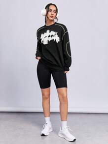 SHEINNeu 圖案印花頂針落肩袖運動衫 - 黑色 - 查看 6