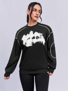 SHEINNeu 圖案印花頂針落肩袖運動衫 - 黑色 - 查看 7