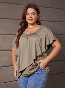 SHEIN LUNE 大碼素色蝙蝠袖T恤 - 棕色 - 查看 5