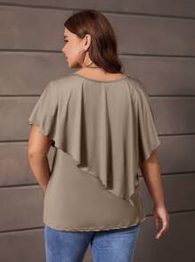 SHEIN LUNE 大碼素色蝙蝠袖T恤 - 棕色 - 查看 3