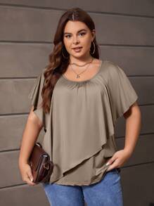 SHEIN LUNE 大碼素色蝙蝠袖T恤 - 棕色 - 查看 4