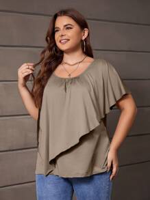 SHEIN LUNE 大碼素色蝙蝠袖T恤 - 棕色 - 查看 2