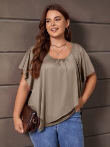 SHEIN LUNE 大碼素色蝙蝠袖T恤 - 棕色 - 查看 1