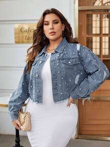 SHEIN Essnce Plus Pearls Beaded Ripped Raw Cut Denim Jacket - Medium Wash - View 1