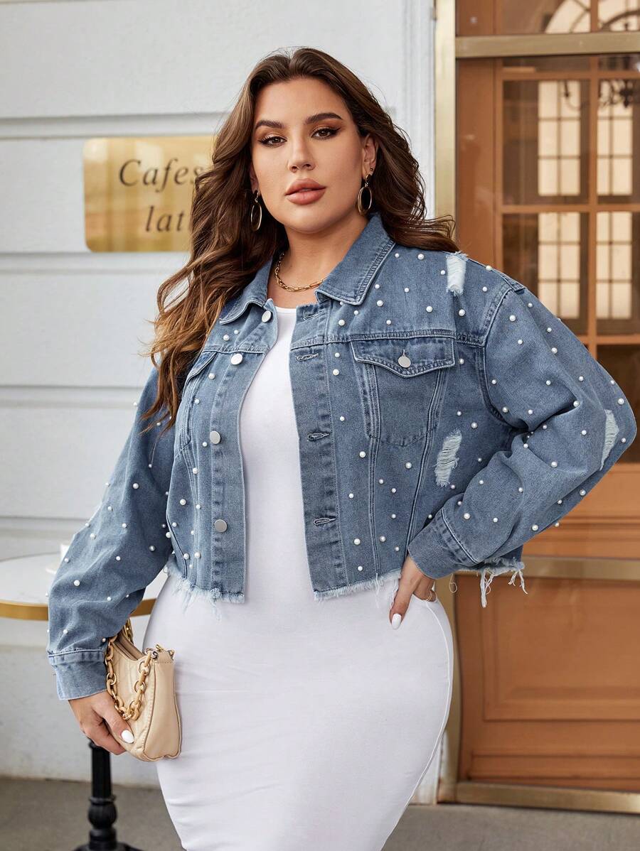 SHEIN Essnce Plus Pearls Beaded Ripped Raw Cut Denim Jacket - Medium Wash - View 1