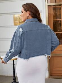 SHEIN Essnce Plus Pearls Beaded Ripped Raw Cut Denim Jacket - Medium Wash - View 2