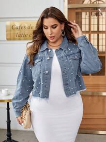 SHEIN Essnce Plus Pearls Beaded Ripped Raw Cut Denim Jacket - Medium Wash - View 3