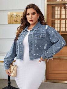 SHEIN Essnce Plus Pearls Beaded Ripped Raw Cut Denim Jacket - Medium Wash - View 5