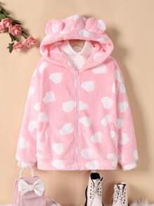 SHEIN 女大童滿身愛心圖案3D耳朵設計連帽毛絨夾克 - 彩色 - 查看 1