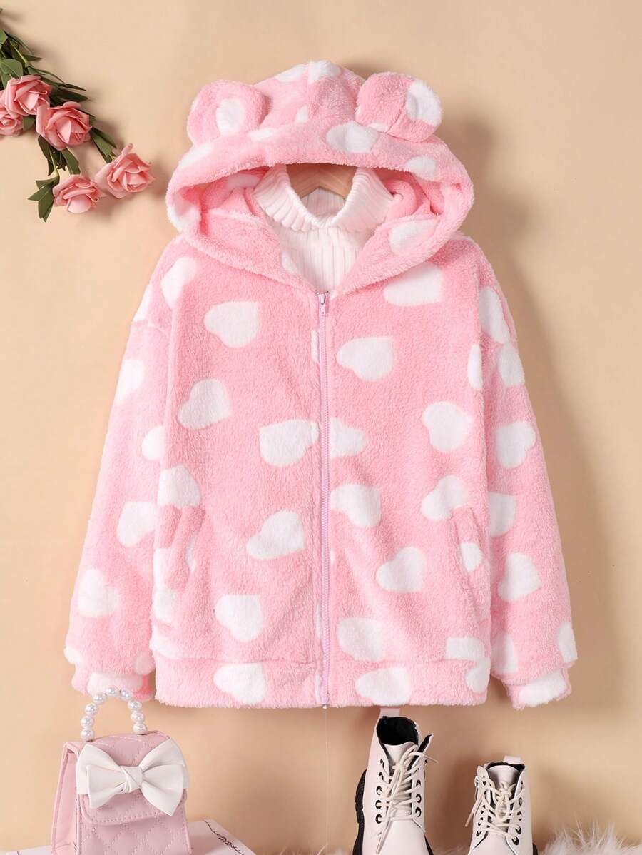 SHEIN 女大童滿身愛心圖案3D耳朵設計連帽毛絨夾克 - 彩色 - 查看 1