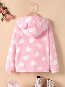 SHEIN 女大童滿身愛心圖案3D耳朵設計連帽毛絨夾克 - 彩色 - 查看 2