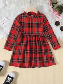 SHEIN 女小童格紋印花小高領洋裝 - 彩色 - 查看 1