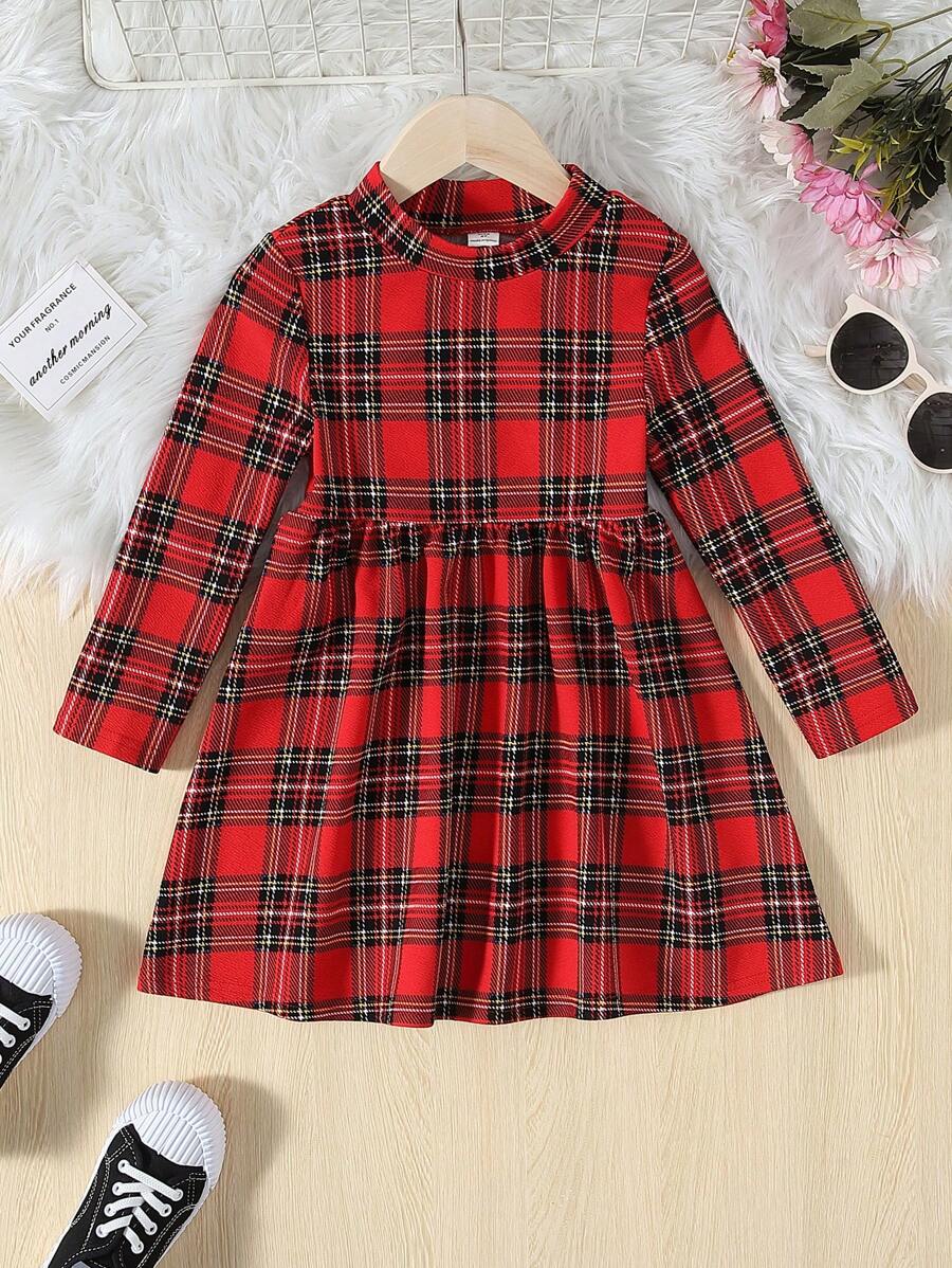 SHEIN 女小童格紋印花小高領洋裝 - 彩色 - 查看 1
