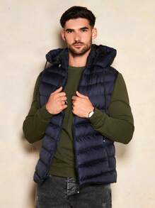 RueChic Nam 1 Miếng Dây kéo mặt trước Dây rút áo có mũ Áo khoác Vest Puffer - Màu xanh hải quân - Xem 1