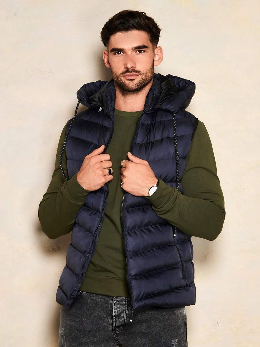 RueChic Nam 1 Miếng Dây kéo mặt trước Dây rút áo có mũ Áo khoác Vest Puffer - Màu xanh hải quân - Xem 1