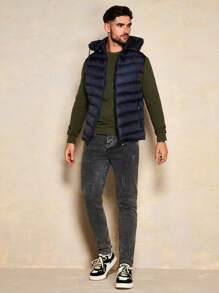 RueChic Nam 1 Miếng Dây kéo mặt trước Dây rút áo có mũ Áo khoác Vest Puffer - Màu xanh hải quân - Xem 3