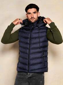RueChic Nam 1 Miếng Dây kéo mặt trước Dây rút áo có mũ Áo khoác Vest Puffer - Màu xanh hải quân - Xem 4