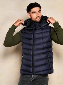 RueChic Nam 1 Miếng Dây kéo mặt trước Dây rút áo có mũ Áo khoác Vest Puffer - Màu xanh hải quân - Xem 5
