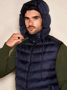 RueChic Nam 1 Miếng Dây kéo mặt trước Dây rút áo có mũ Áo khoác Vest Puffer - Màu xanh hải quân - Xem 6
