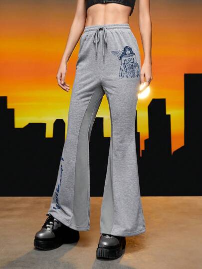 WONDER WOMAN X SHEIN Figure Graphic Drawstring Waist Flare Leg Sweatpants